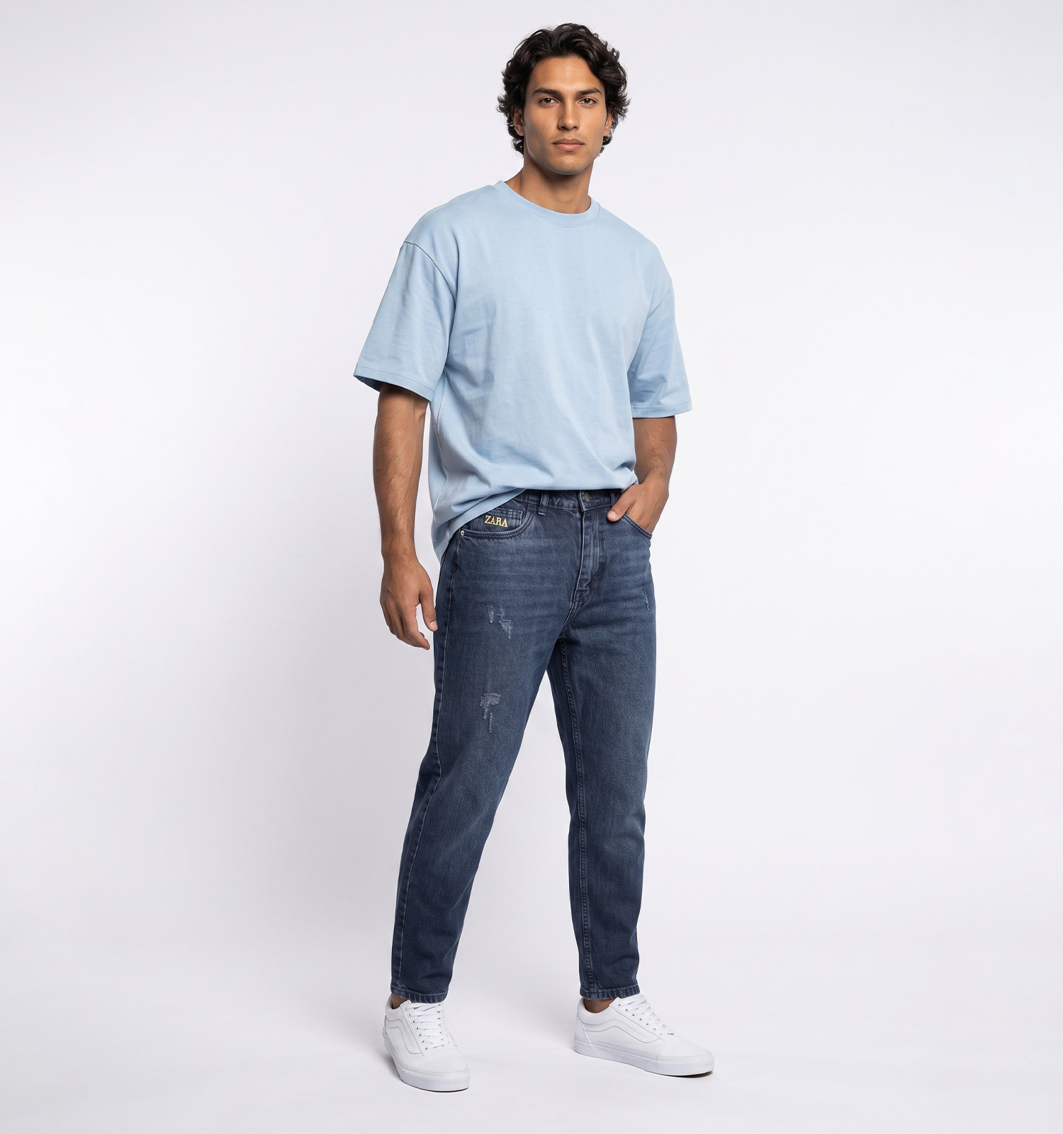شلوار مردانه مام فیت ساده جین آبی تیره Zara مدل 50825