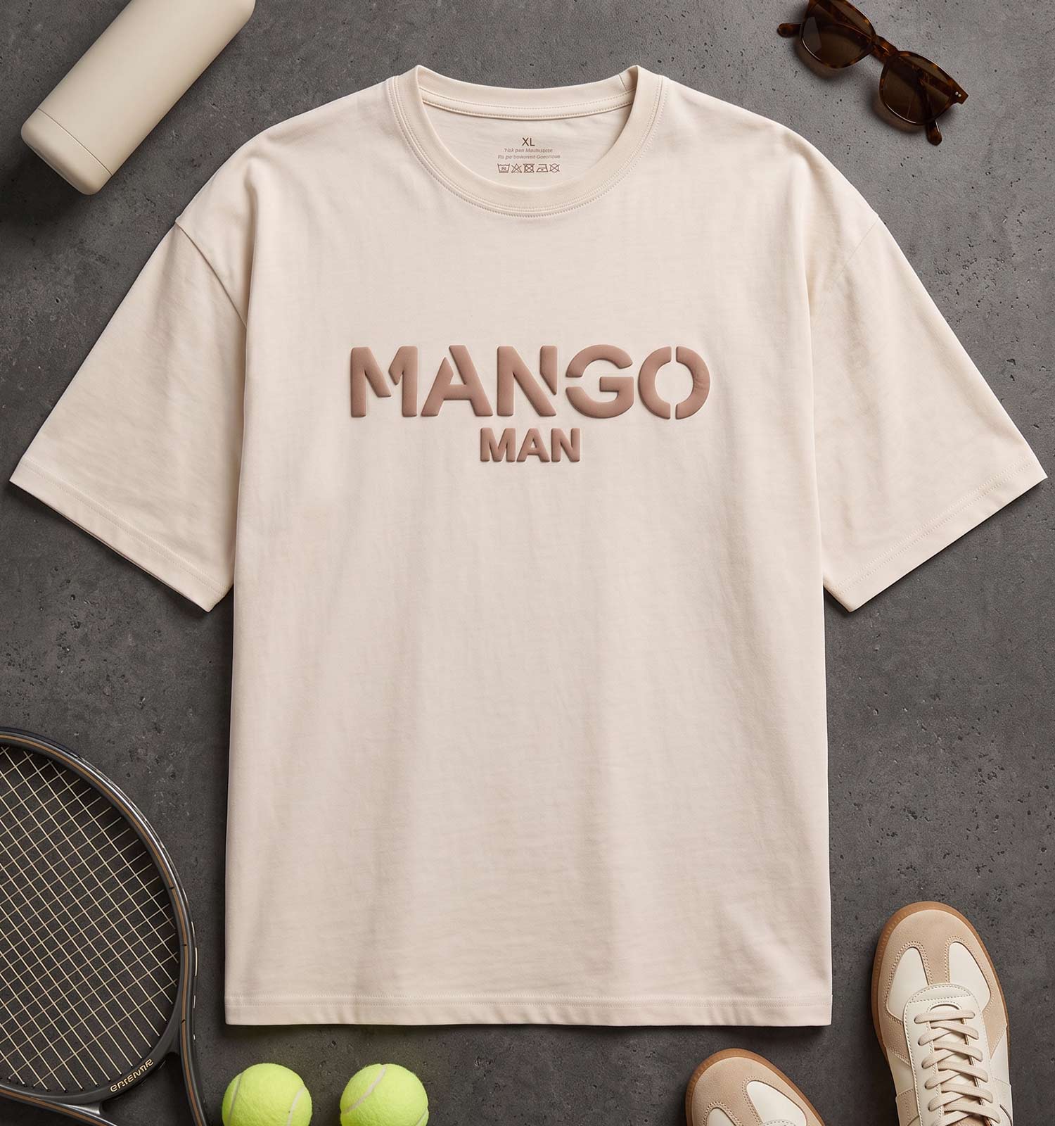 تیشرت یقه گرد مردانه باکسی طرحدار دورس پنبه کرم Mango مدل 50815