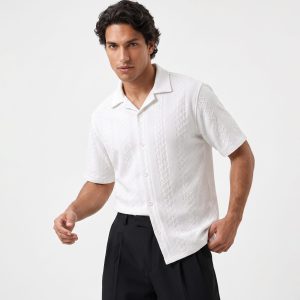 پیراهن آستین کوتاه مردانه مراکشی ساده کنفی سفید مدل 50839