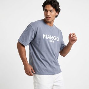 تیشرت یقه گرد مردانه باکسی طرحدار دورس پنبه طوسی Mango مدل 50816