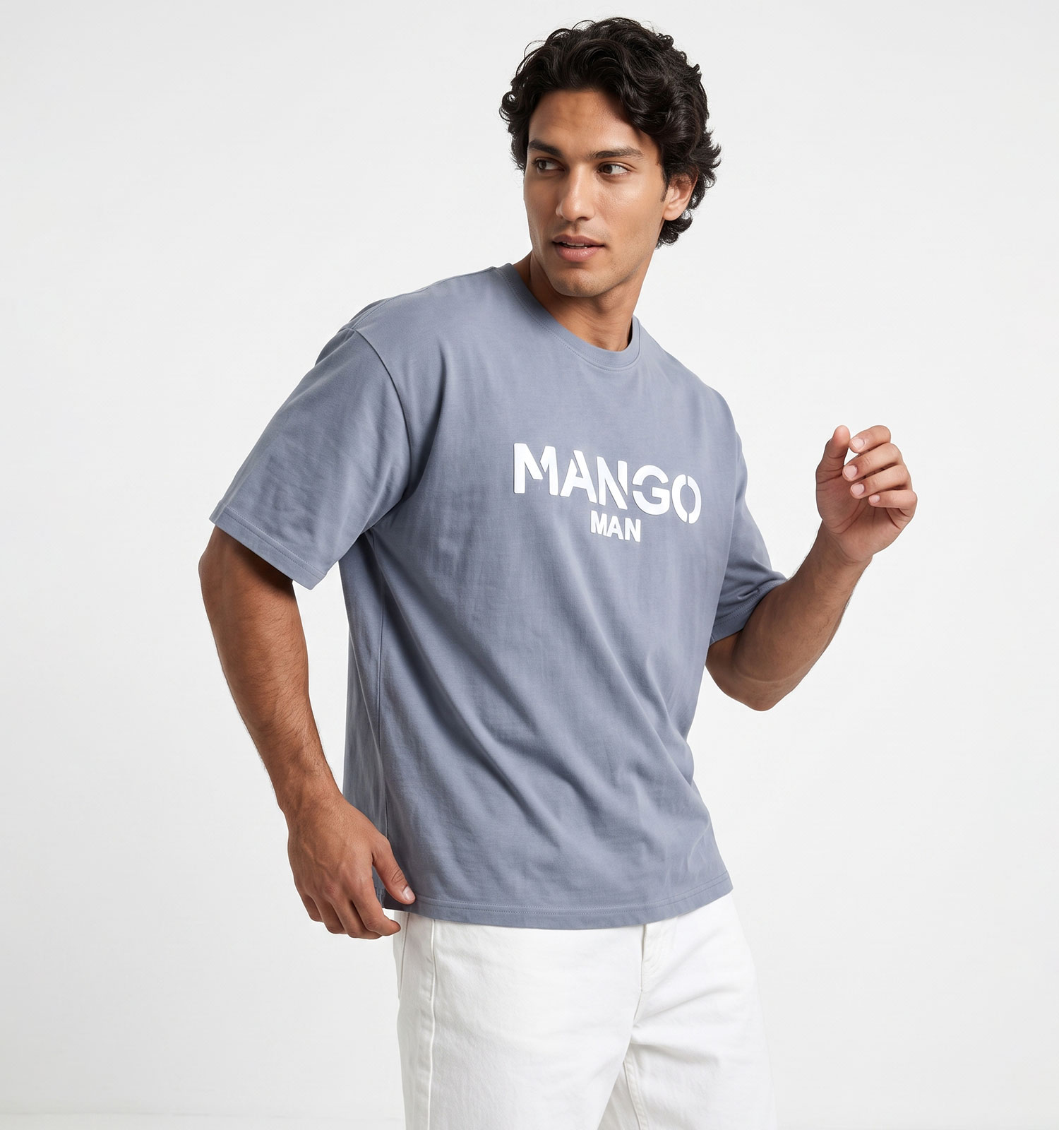 تیشرت یقه گرد مردانه باکسی طرحدار دورس پنبه طوسی Mango مدل 50816