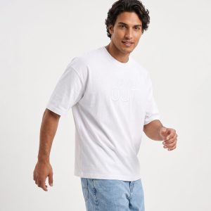 تیشرت یقه گرد مردانه باکسی طرحدار ماکان سفید مدل 50882