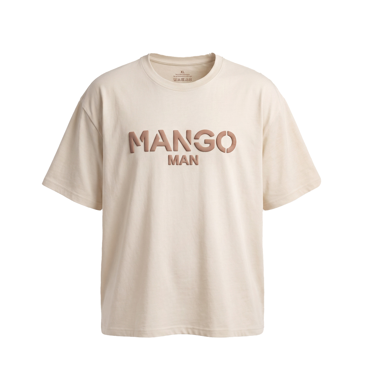 تیشرت یقه گرد مردانه باکسی طرحدار دورس پنبه کرم Mango مدل 50815