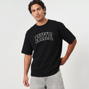 تیشرت یقه گرد مردانه باکسی طرحدار پنبه دو رو مشکی Nike مدل 50790