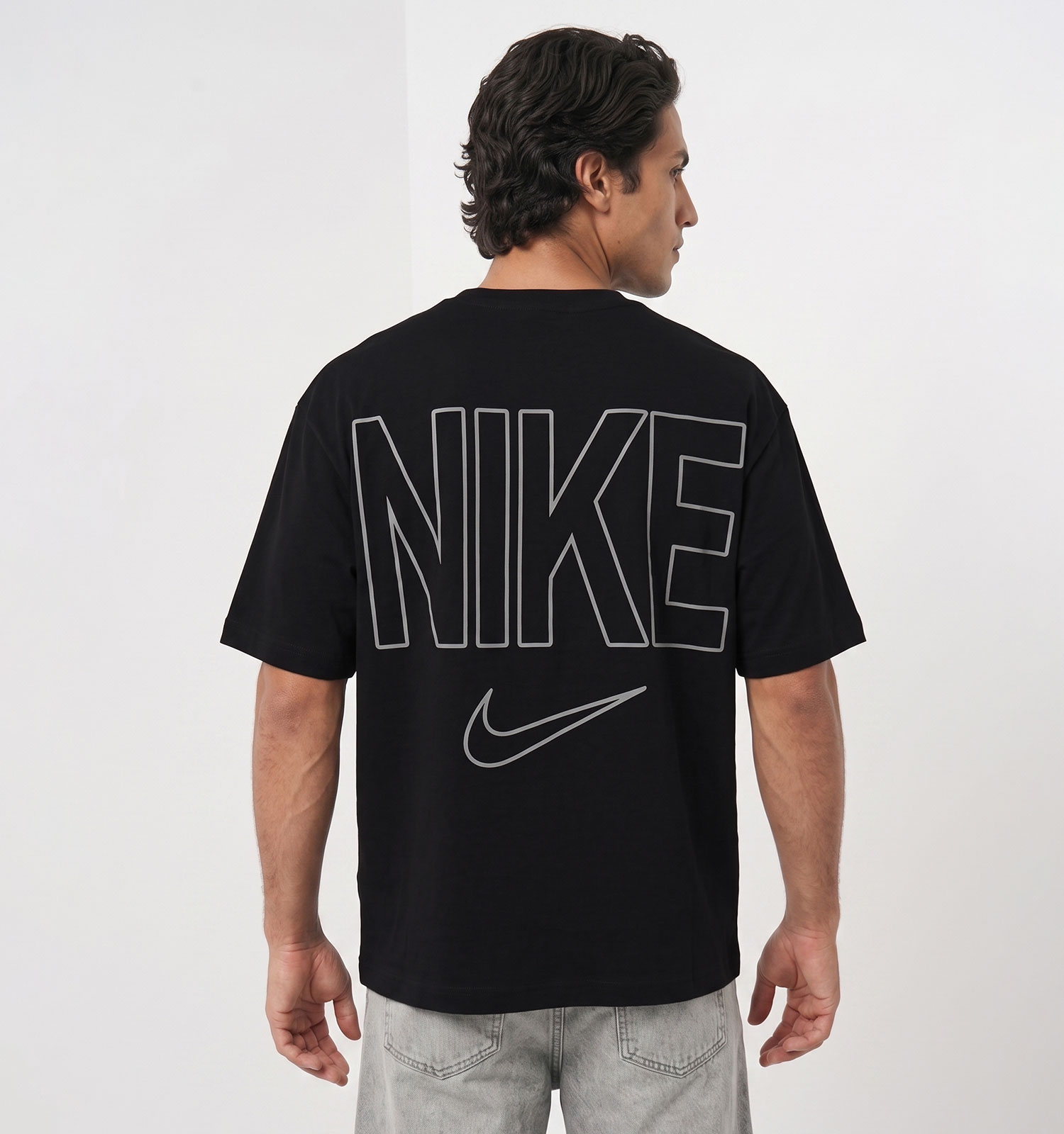 تیشرت یقه گرد مردانه باکسی طرحدار پنبه دو رو مشکی Nike مدل 50790