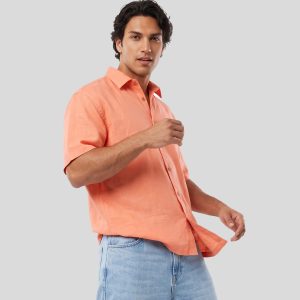 پیراهن آستین کوتاه مردانه باکسی ساده لینن پرتقالی مدل 50664