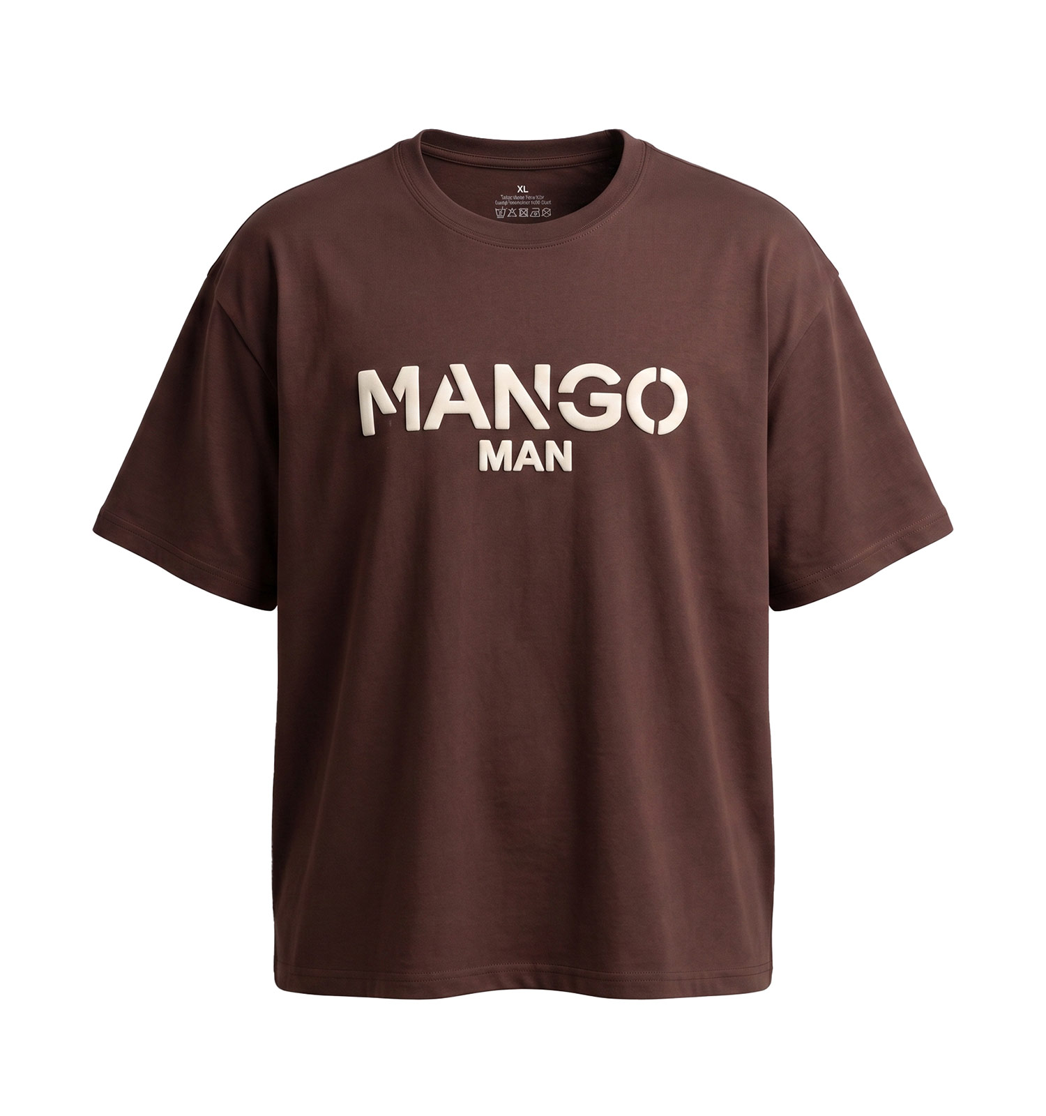تیشرت یقه گرد مردانه باکسی طرحدار دورس پنبه شکلاتی Mango مدل 50817