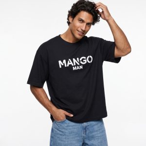 تیشرت یقه گرد مردانه باکسی طرحدار دورس پنبه مشکی Mango مدل 50814