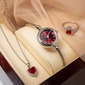 ست زنانه ساعت گردنبند انگشتر Heart_Red مدل 3984