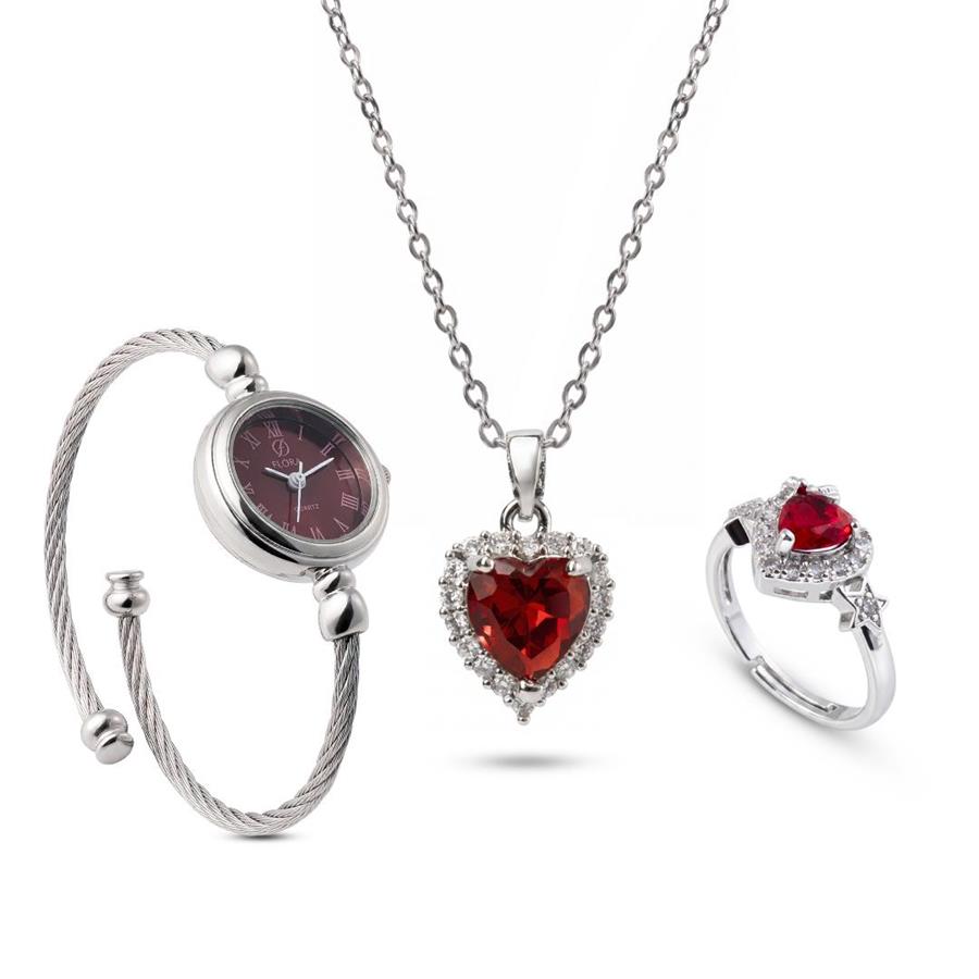 ست زنانه ساعت گردنبند انگشتر Heart_Red مدل 3984