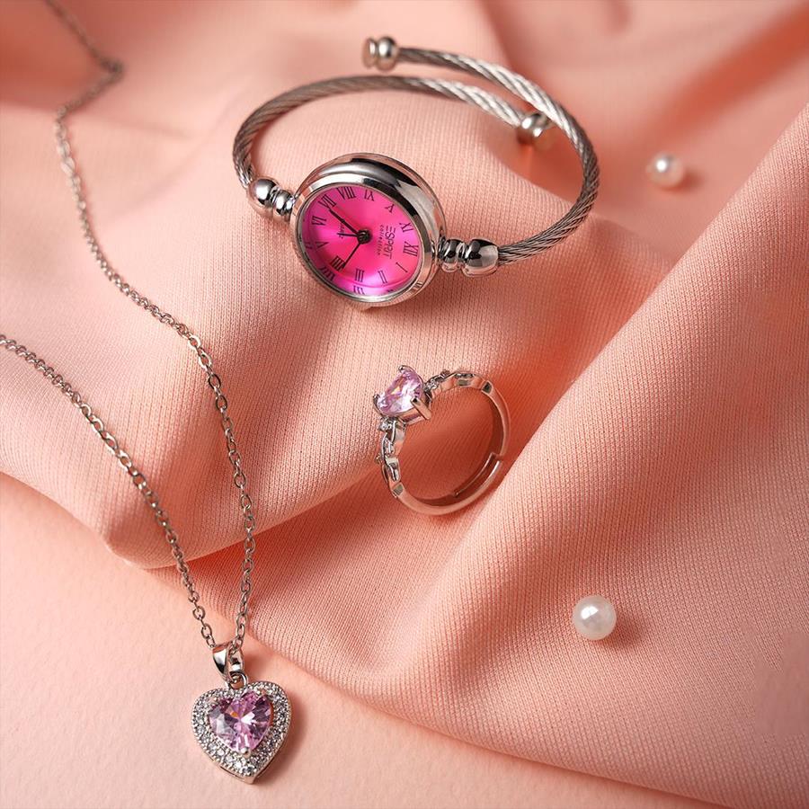 ست زنانه ساعت گردنبند انگشتر Heart_Pink مدل 3985