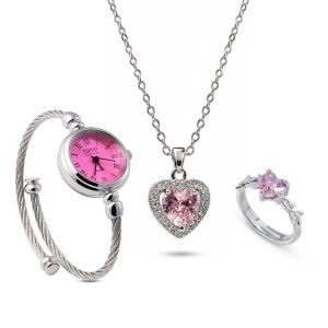 ست زنانه ساعت گردنبند انگشتر Heart_Pink مدل 3985