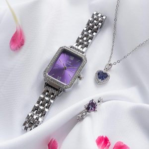 ست زنانه ساعت گردنبند انگشتر Heart_Purple مدل 3986