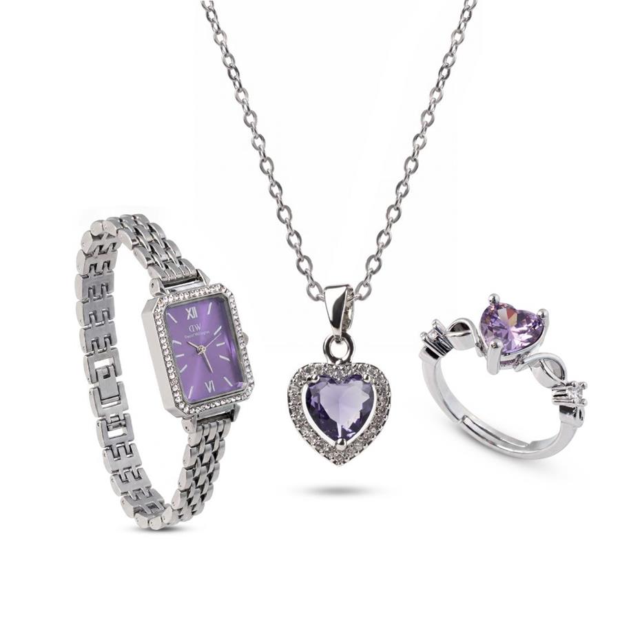 ست زنانه ساعت گردنبند انگشتر Heart_Purple مدل 3986