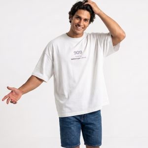 تیشرت یقه گرد مردانه باکسی طرحدار پنبه دو رو سفید مدل 50897