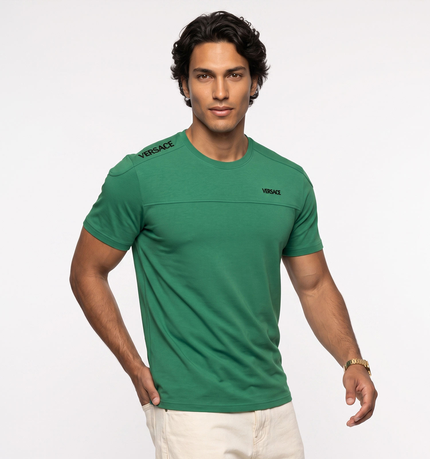 تیشرت یقه گرد مردانه نرمال ساده پنبه یک رو سبز Versace مدل 50956