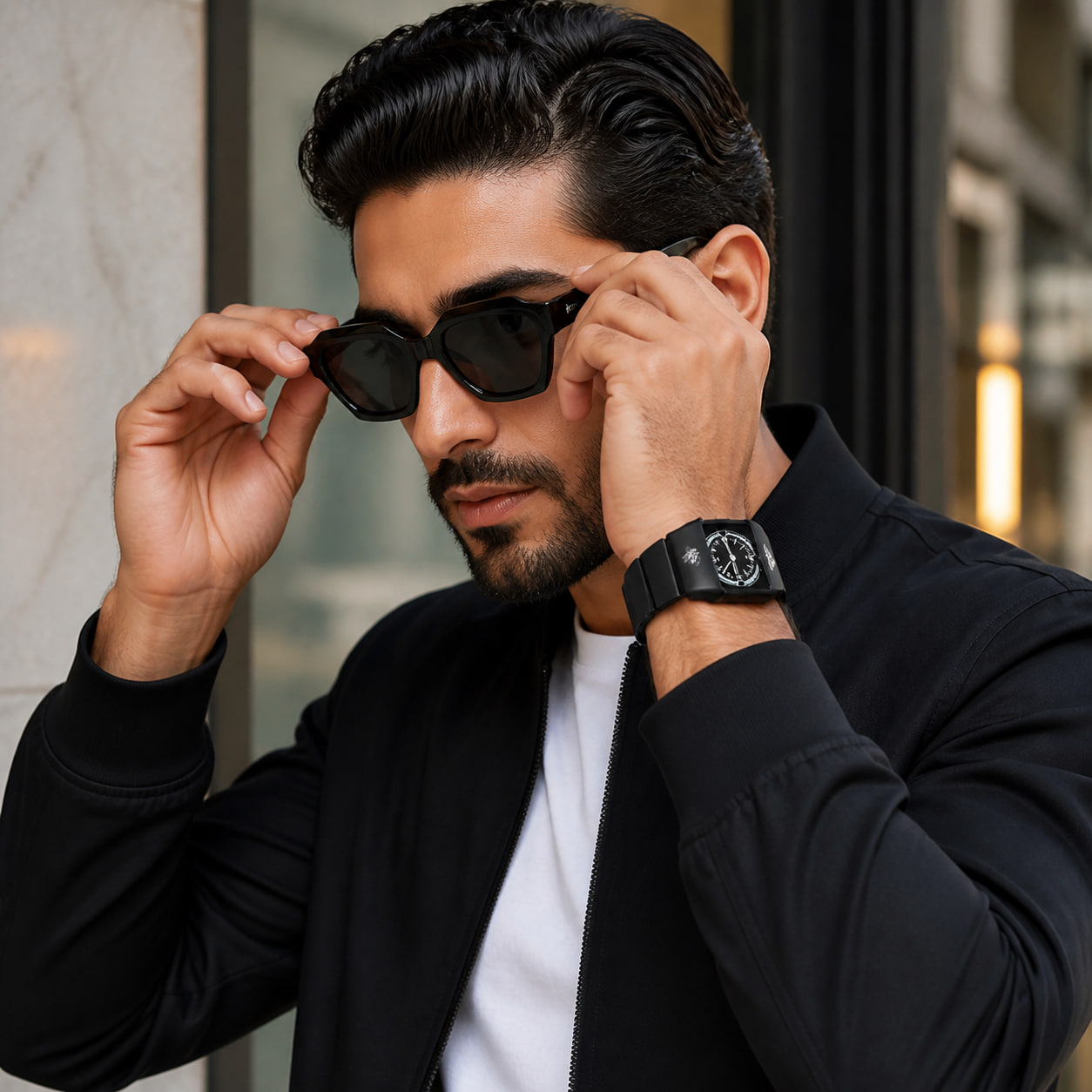 پکیج ساعت مچی مردانه آدیداس بند استیل فنری لوکس عینک آفتابی اسپرت چند ضلعی مدل Dior