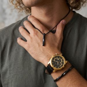 پکیج ساعت romanson مشکی طلایی مدل B62 ست گردنبند بنگل پیچ خورده مشکی