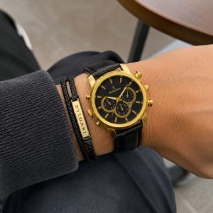 پکیج ساعت romanson مشکی طلایی مدل B62 دستبند چرم مردانه مدل پلاک دار