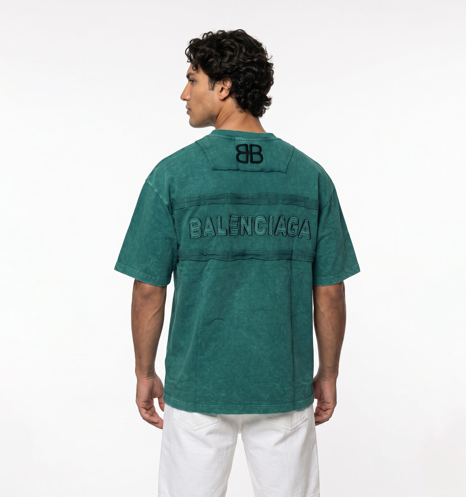تیشرت یقه گرد مردانه باکسی طرحدار مچینست سبز Balenciaga مدل 50944