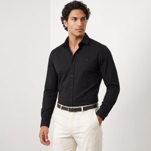 پیراهن آستین بلند مردانه نرمال ساده نخ پنبه مشکی Polo مدل 50910