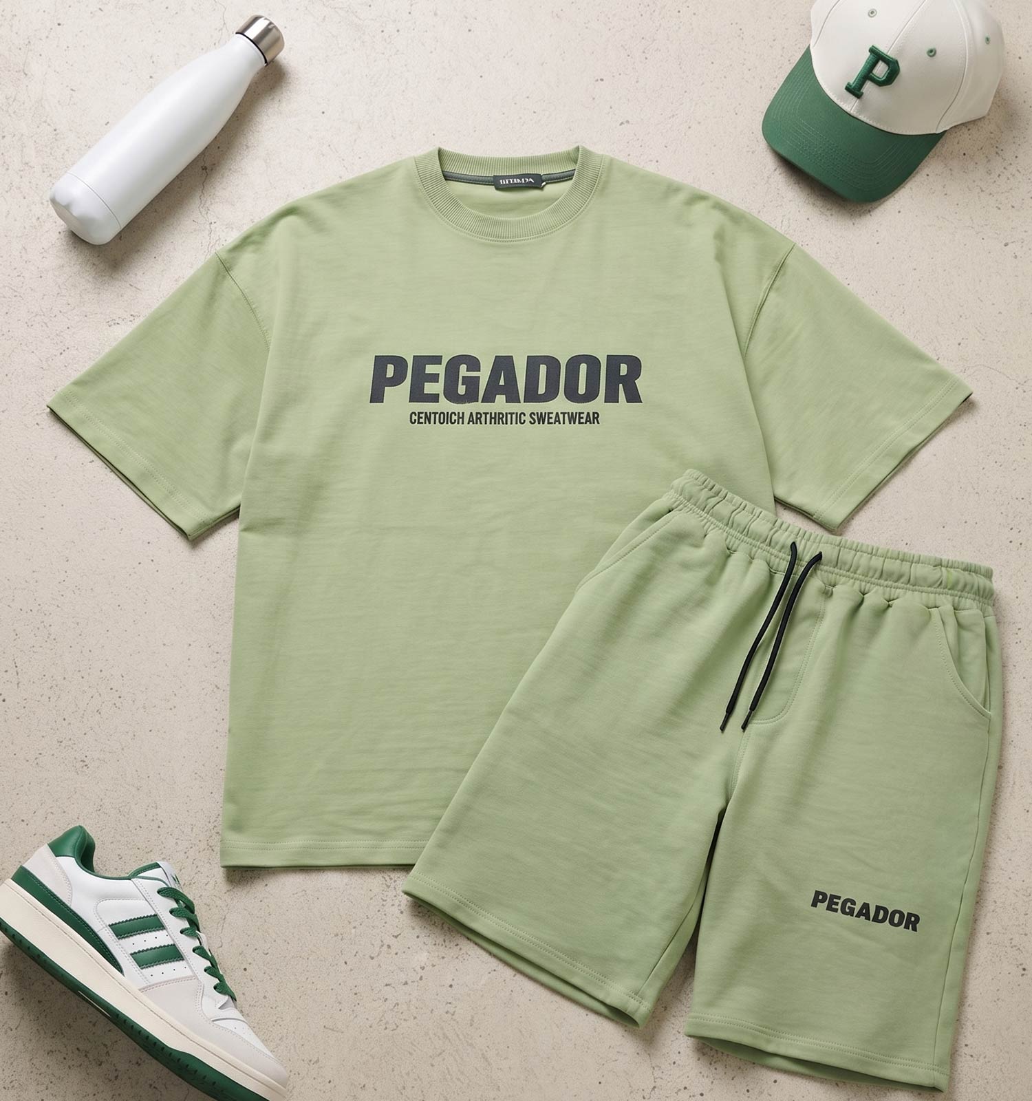 ست تیشرت شلوارک مردانه باکسی طرحدار مچینست سبز Pegador مدل 50915