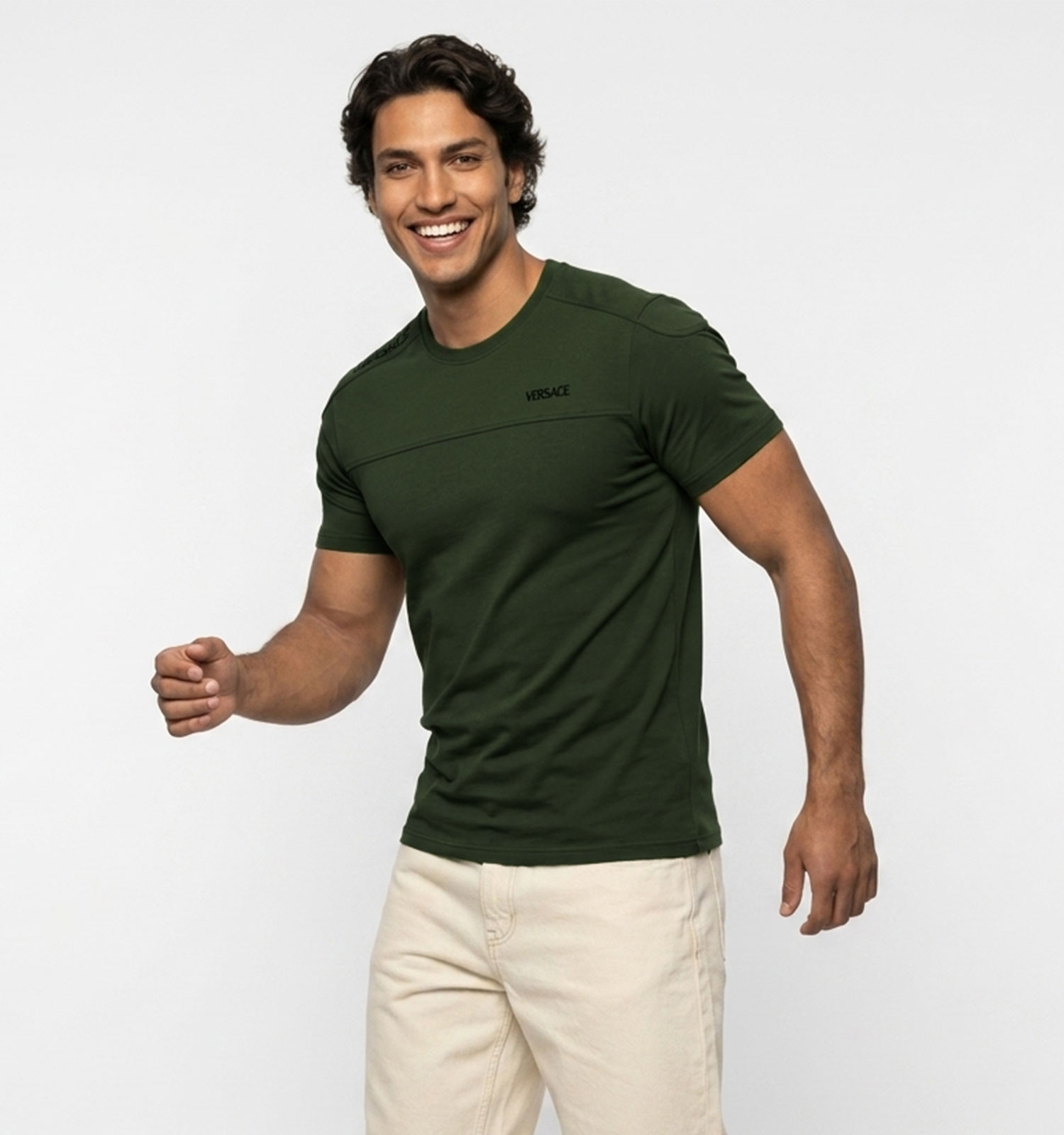 تیشرت یقه گرد مردانه نرمال ساده پنبه یک رو سبز تیره Versace مدل 50958