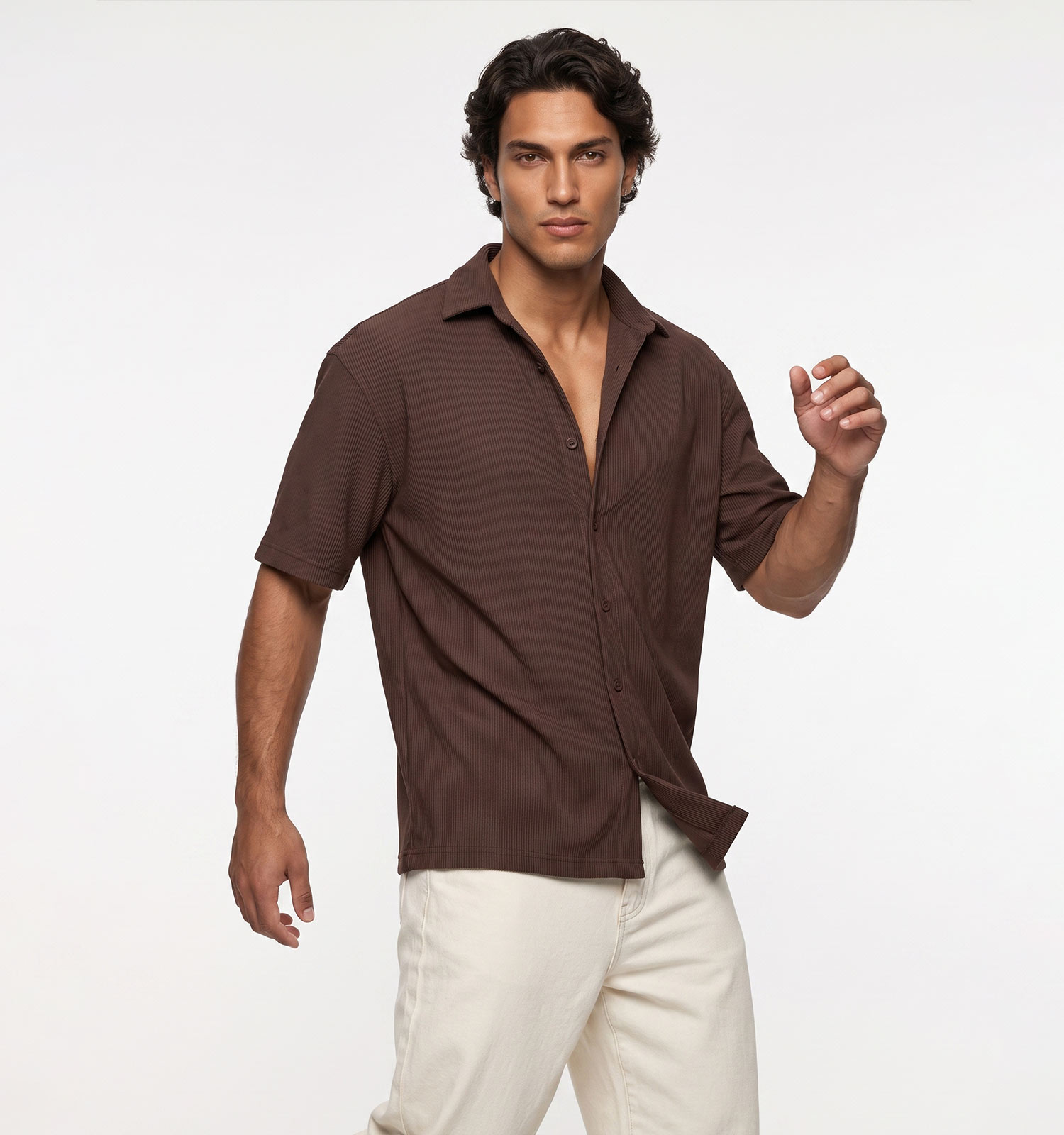 پیراهن آستین کوتاه مردانه مراکشی ساده پنبه پلی استر قهوه ای مدل 50935