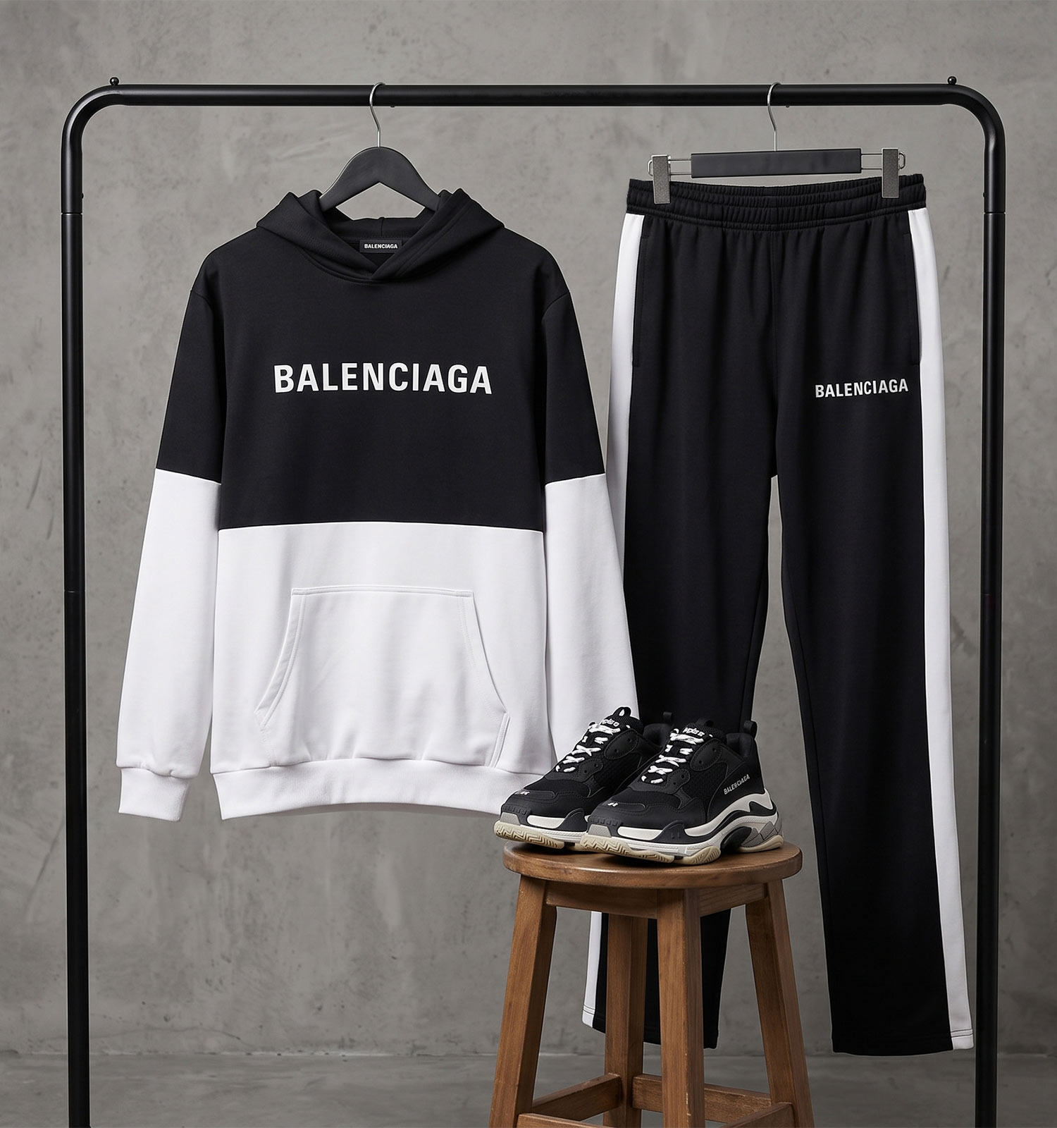 ست هودی شلوار مردانه باکسی طرحدار اسپان مشکی سفید Balenciaga مدل 51218