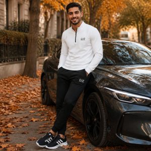 پکیج ست مردانه نیم زیپ شلوار مدل EA7 کفش ورزشی مشکی زیره سفید مدل Alshen