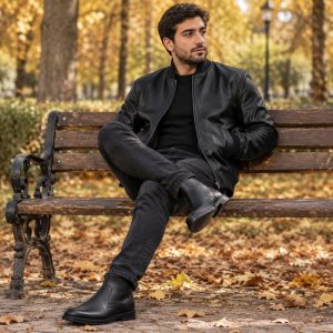 پکیج کت چرم مردانه مدل Artim نیم بوت مردانه مشکی مدل Rad