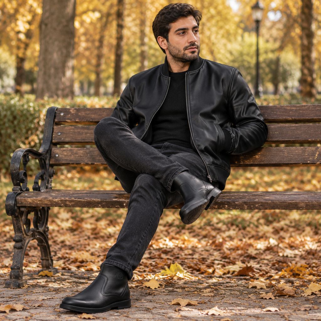 پکیج کت چرم مردانه مدل Artim نیم بوت مردانه مشکی مدل Rad
