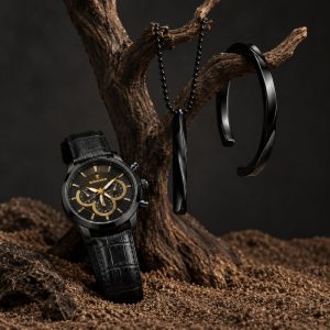 پکیج ساعت romansonتمام مشکی مدل B62 ست گردنبند بنگل پیچ خورده مشکی