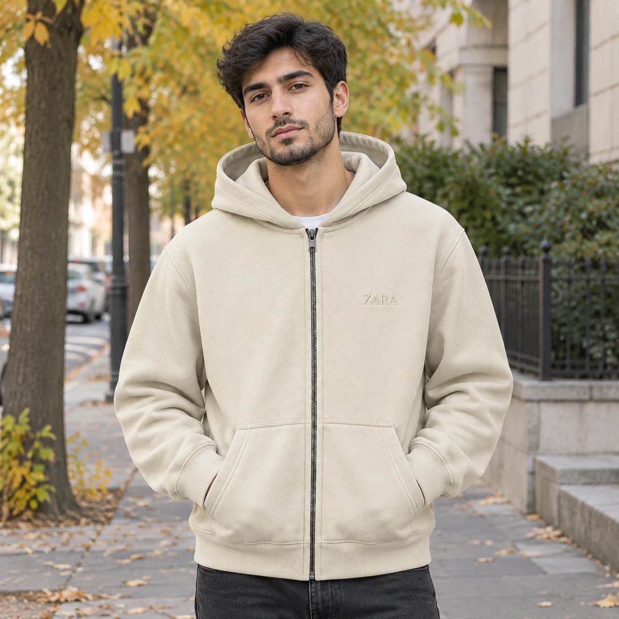 سویشرت کلاهدار مردانه مدل ZARA کرم
