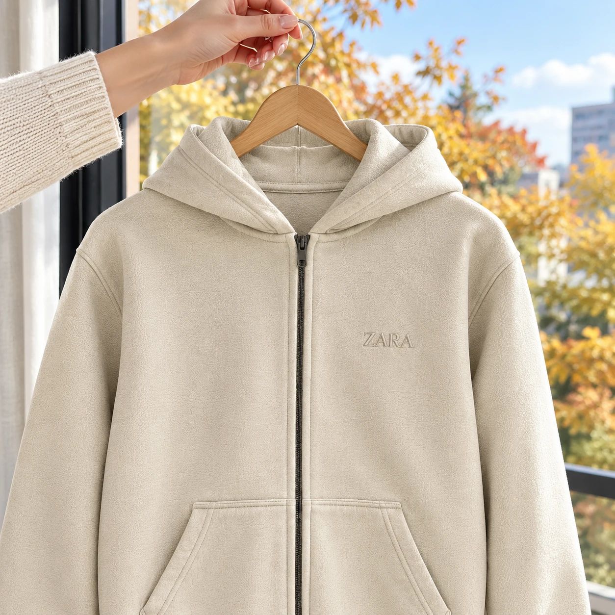 سویشرت کلاهدار مردانه مدل ZARA کرم