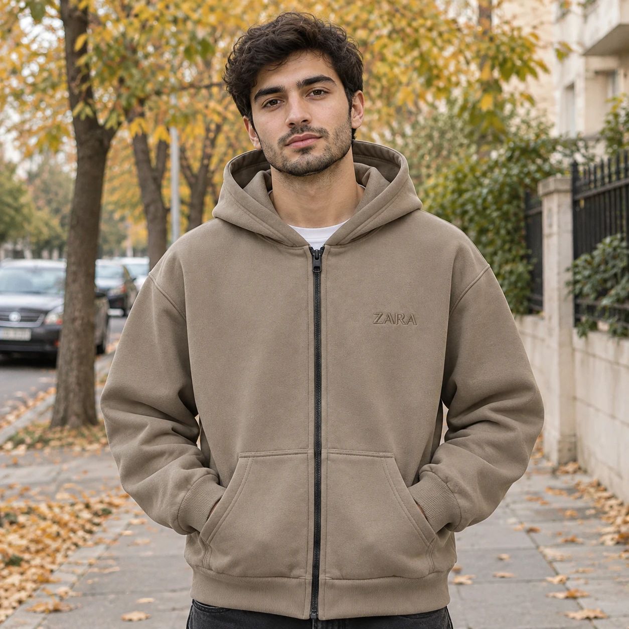 سویشرت کلاهدار مردانه مدل ZARA خاکی