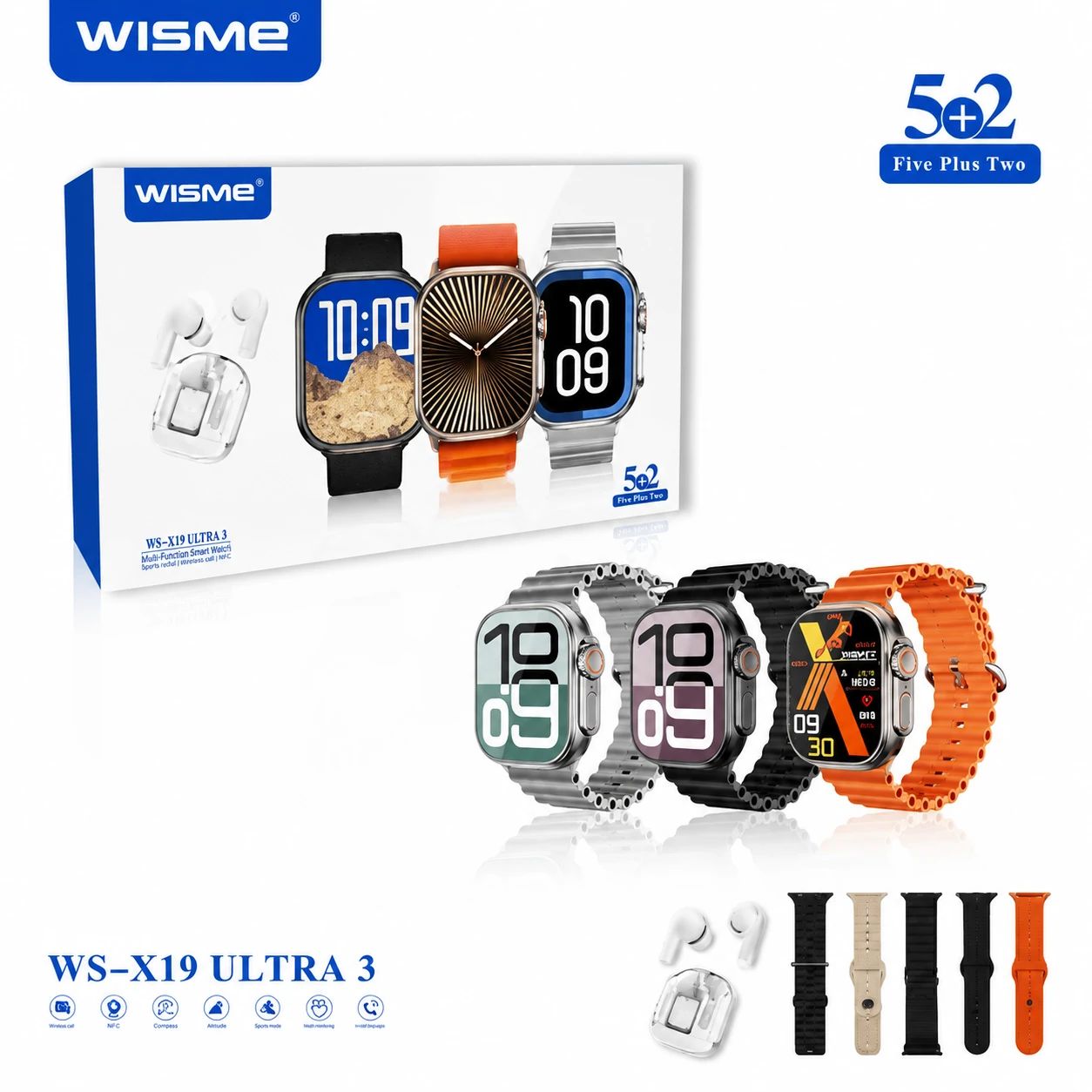 ساعت هوشمند WISME دارای پنج عدد بند هندزفری مدل WSX19 ULTRA3 با منو فارسی
