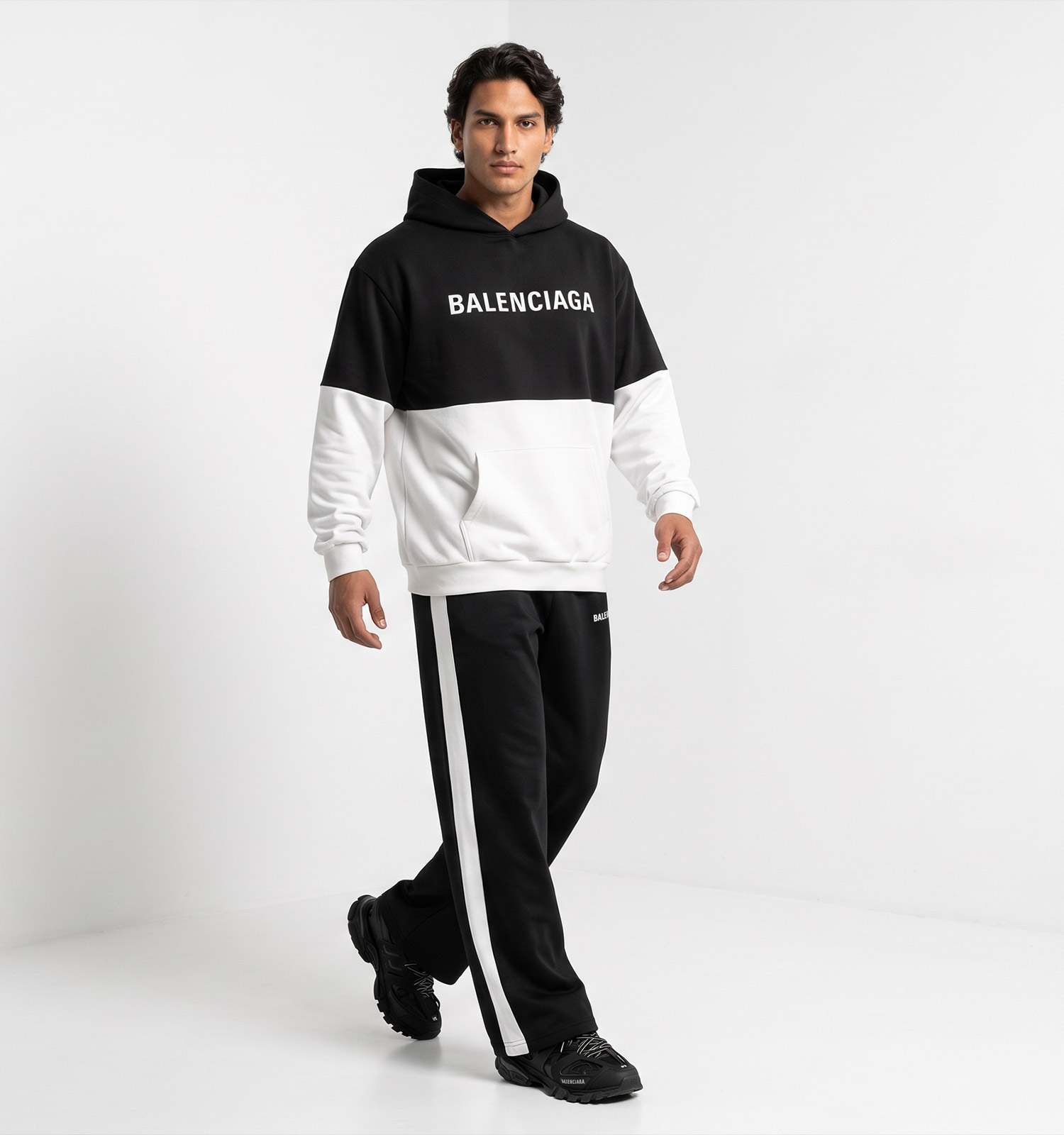 ست هودی شلوار مردانه باکسی طرحدار اسپان مشکی سفید Balenciaga مدل 51218
