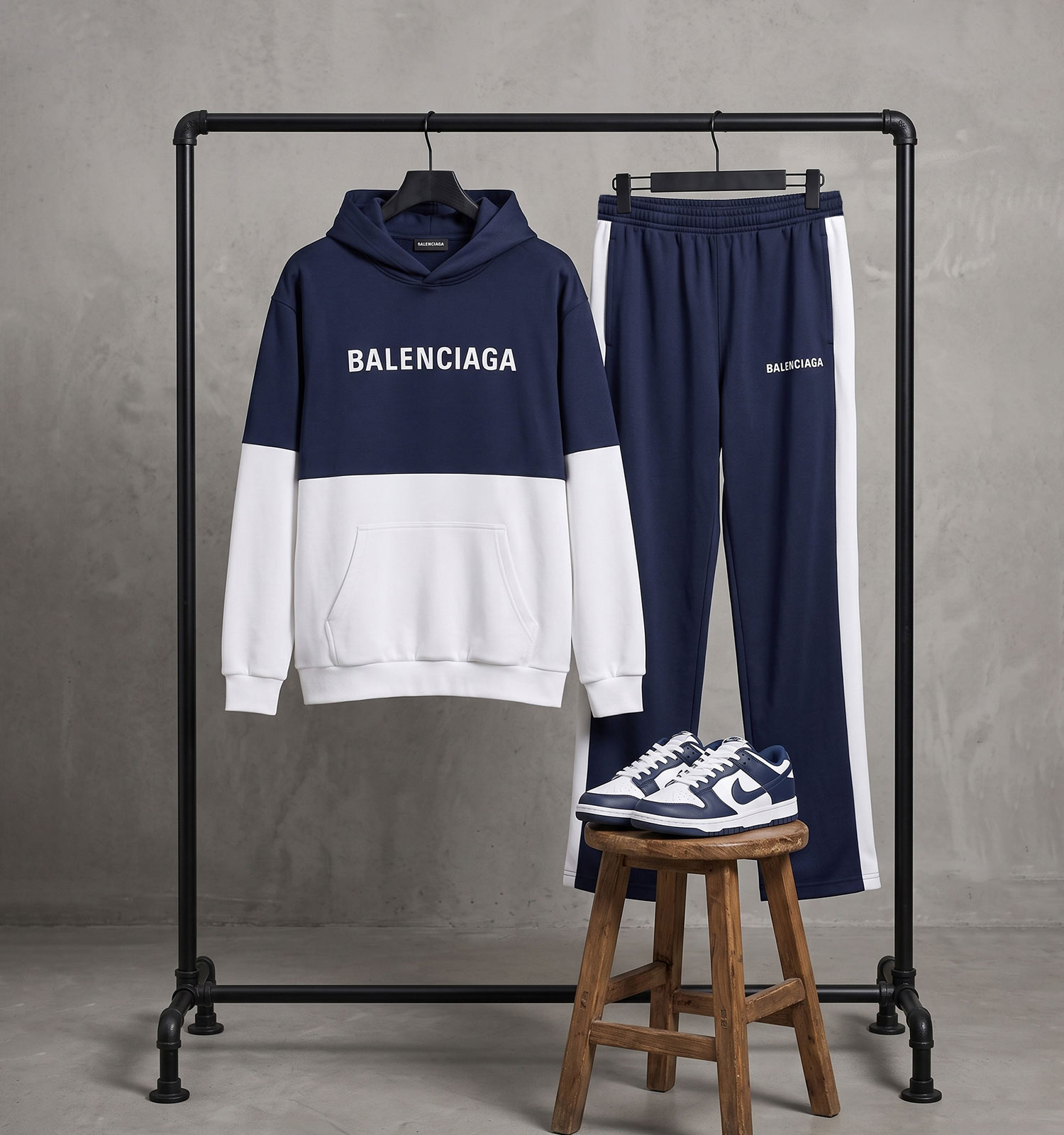 ست هودی شلوار مردانه باکسی طرحدار اسپان سرمه ای سفید Balenciaga مدل 51217
