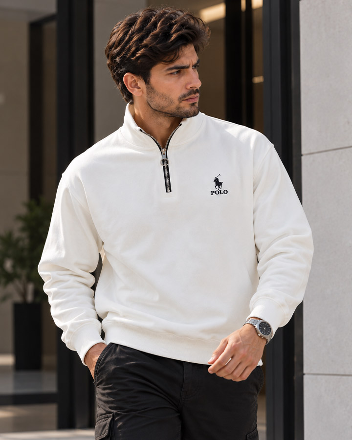 سویشرت نیم زیپ مدل POLO تمام سفید کد6607