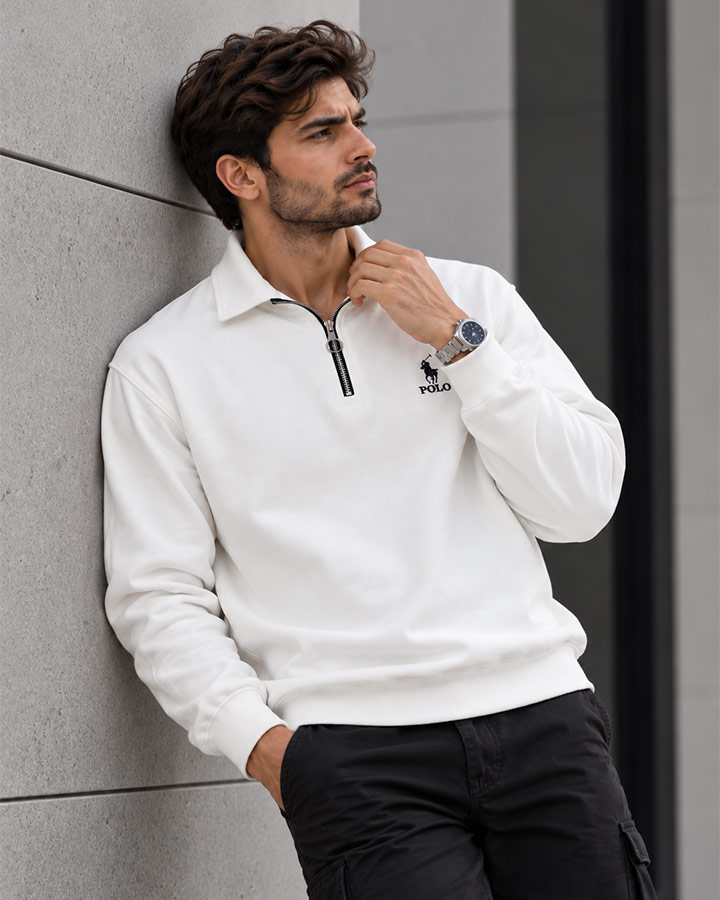 سویشرت نیم زیپ مدل POLO تمام سفید کد6607