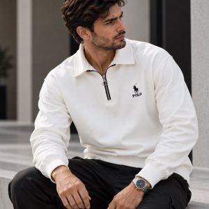 سویشرت نیم زیپ مدل POLO تمام سفید کد6607