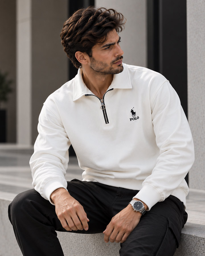 سویشرت نیم زیپ مدل POLO تمام سفید کد6607