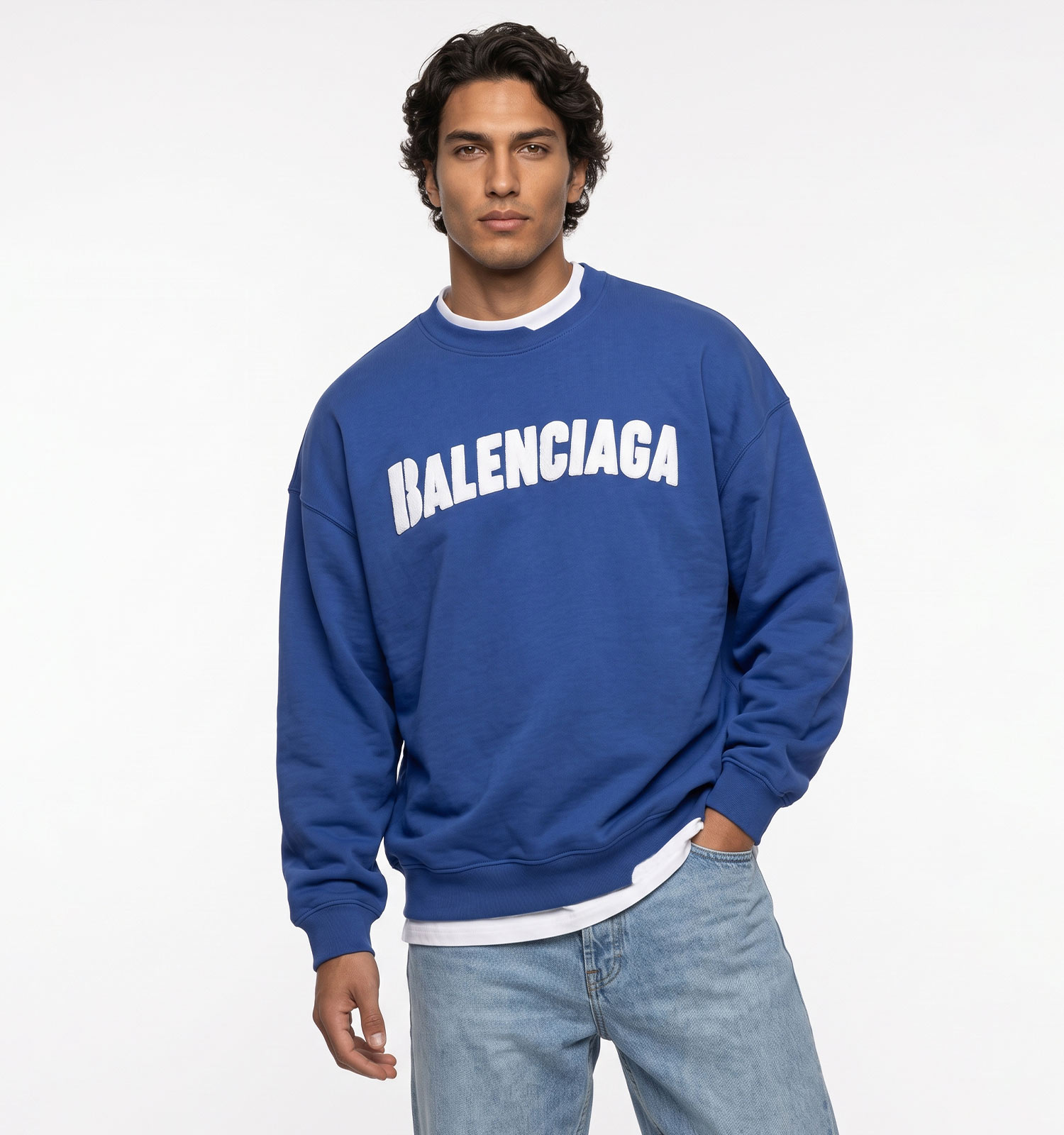 بلوز یقه گرد مردانه باکسی طرحدار سه نخ پنبه آبی Balenciaga مدل 51420