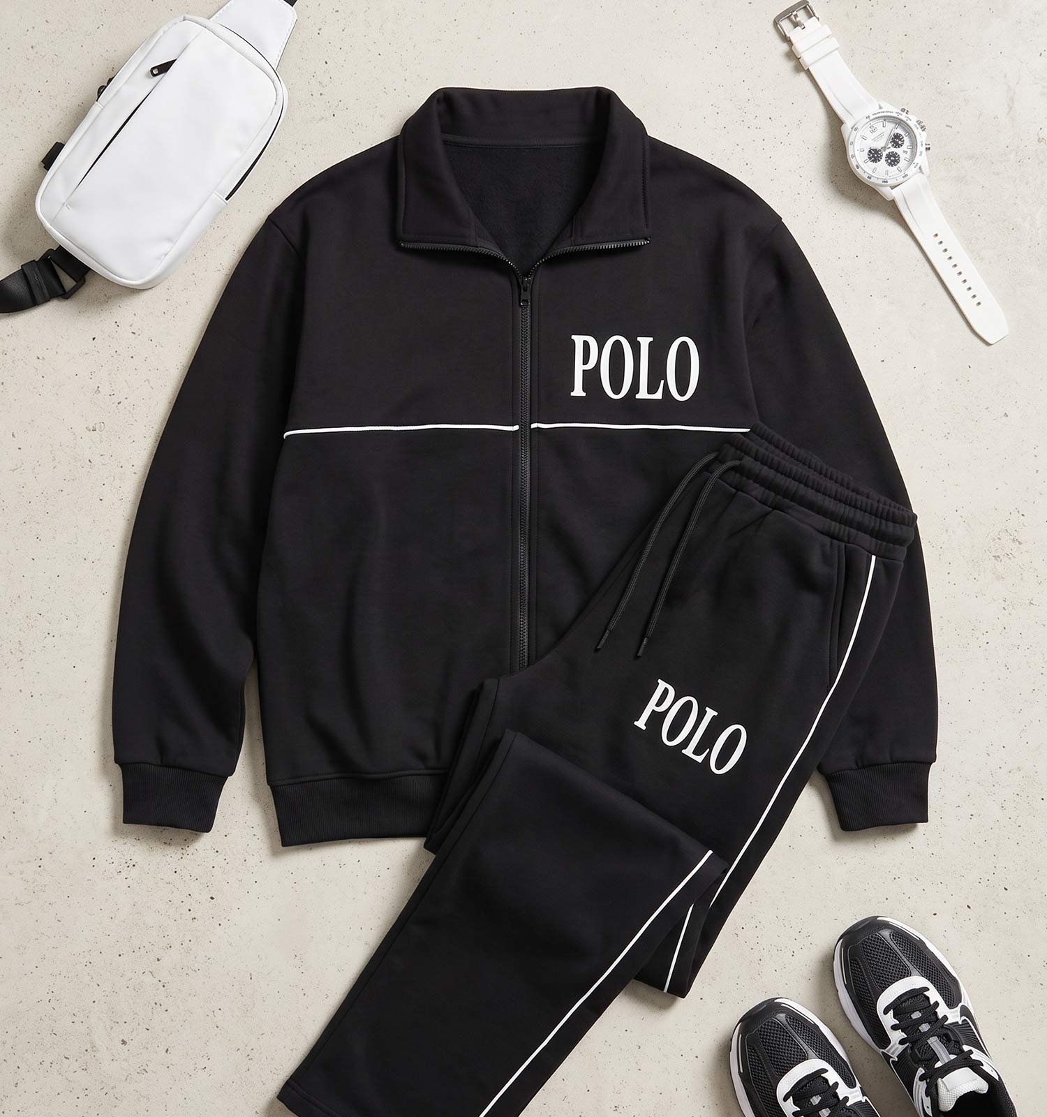 ست سویشرت شلوار مردانه باکسی طرحدار اسپان مشکی Polo مدل 51493