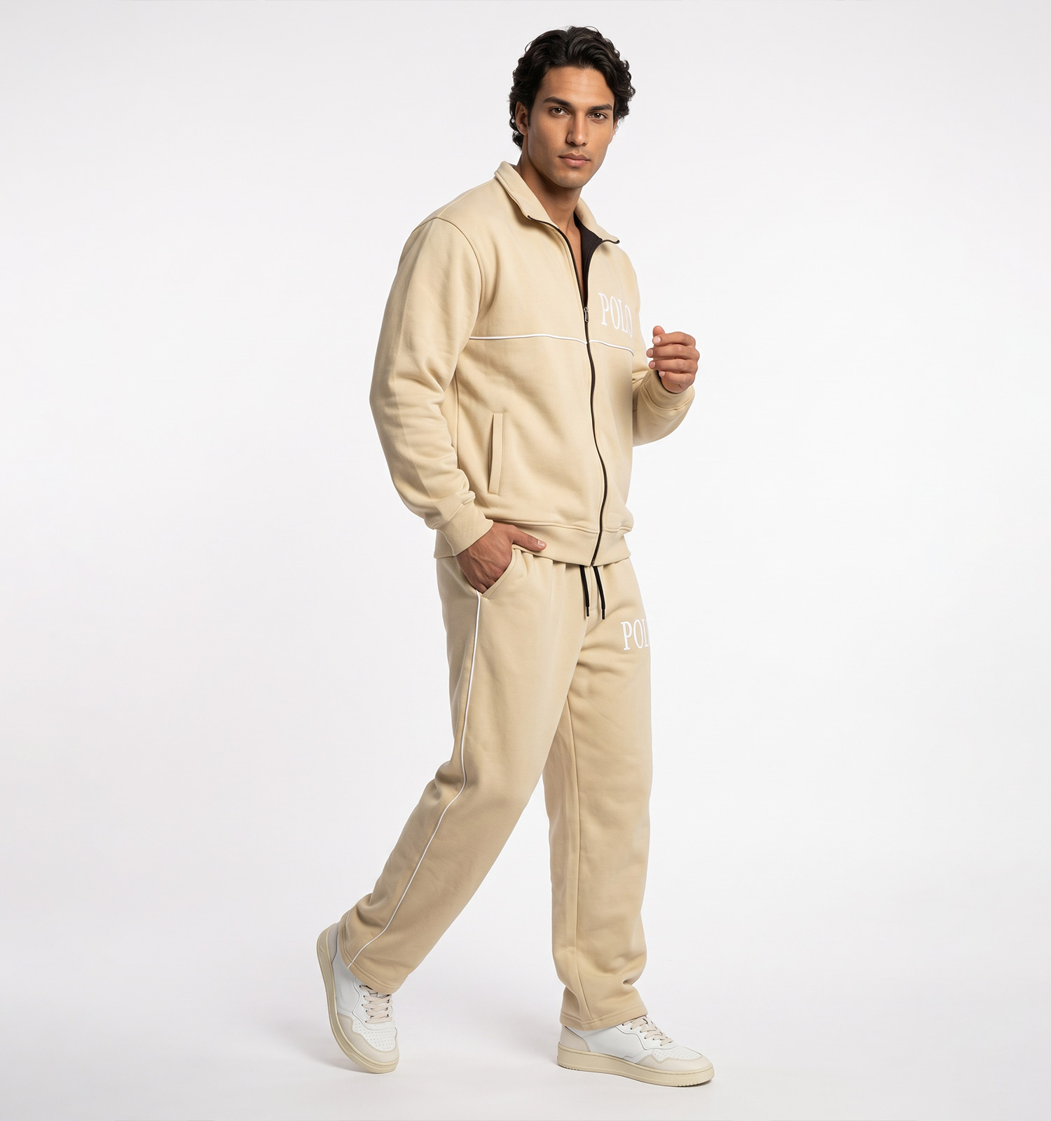 ست سویشرت شلوار مردانه باکسی طرحدار اسپان کرم Polo مدل 51492