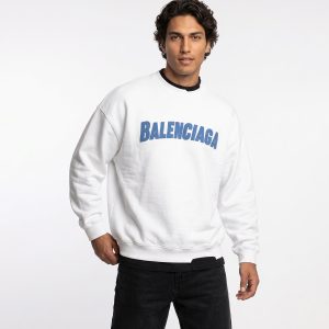 بلوز یقه گرد مردانه باکسی طرحدار سه نخ پنبه سفید Balenciaga مدل 51423