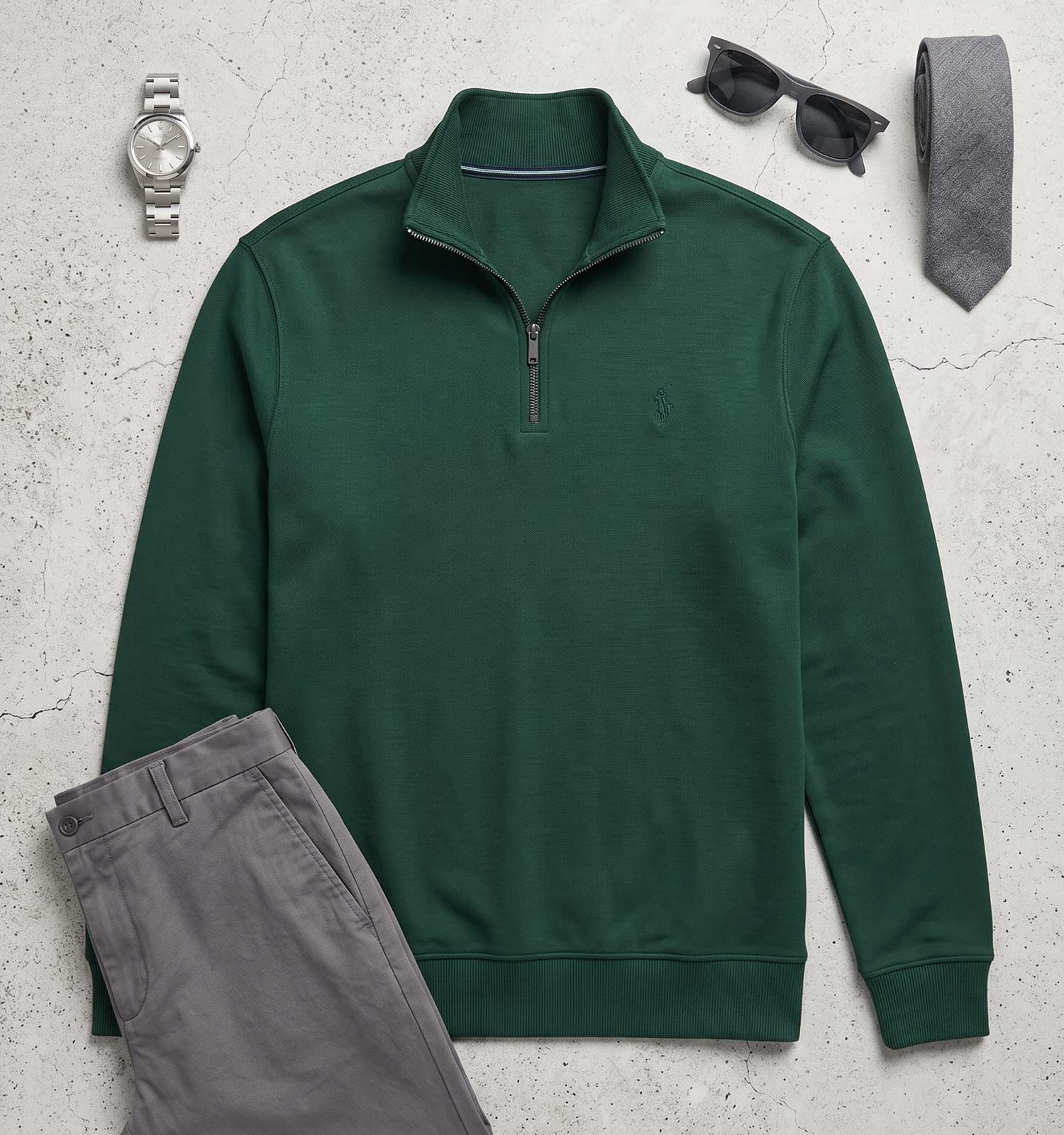 بلوز یقه نیم زیپ مردانه نرمال ساده سلانیک سبز Polo مدل 51393