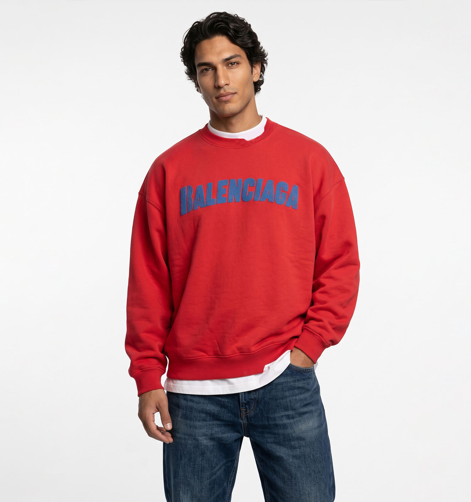بلوز یقه گرد مردانه باکسی طرحدار سه نخ پنبه قرمز Balenciaga مدل 51421