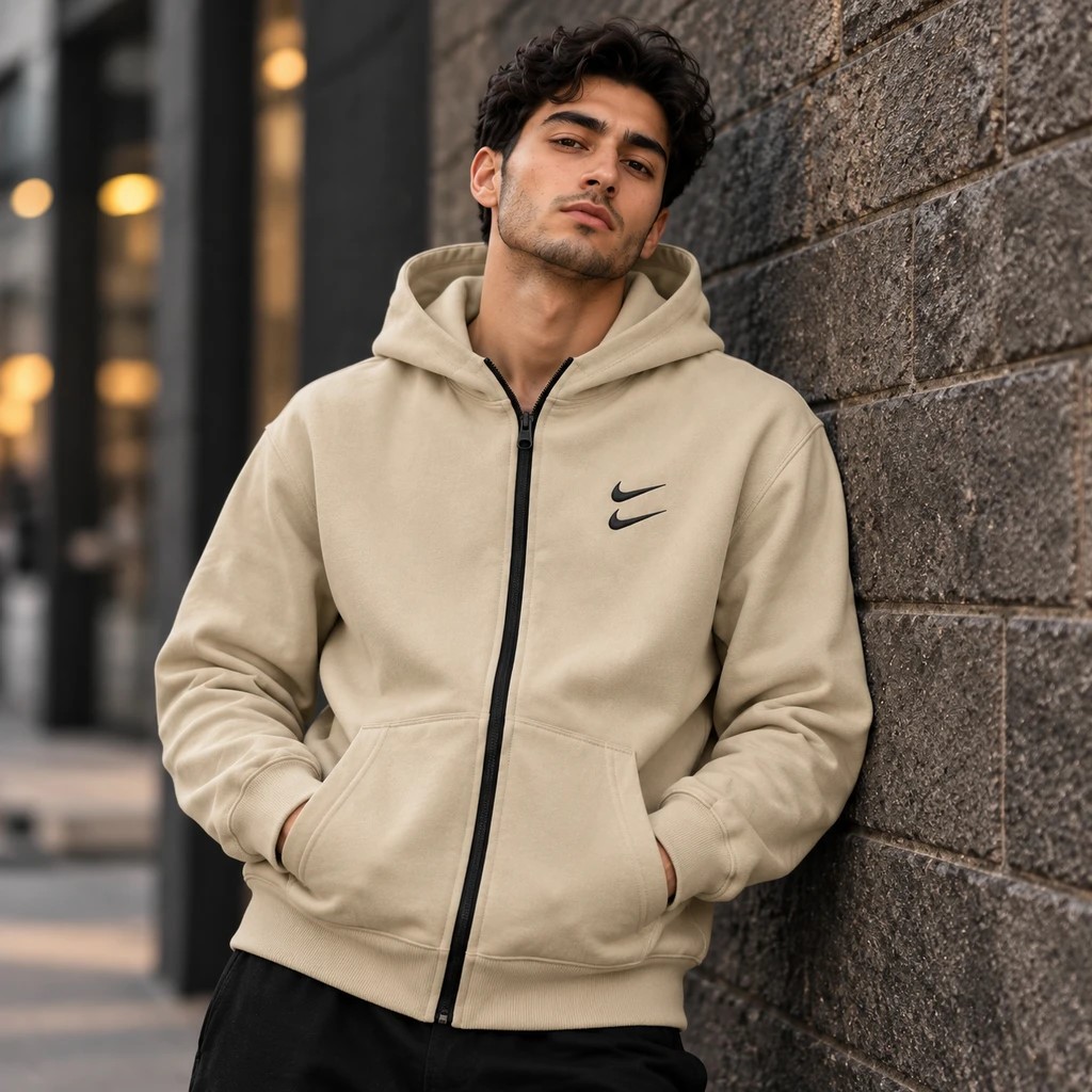 سویشرت دورس کلاهدار مردانه نایکی مدل Double Nike کرم